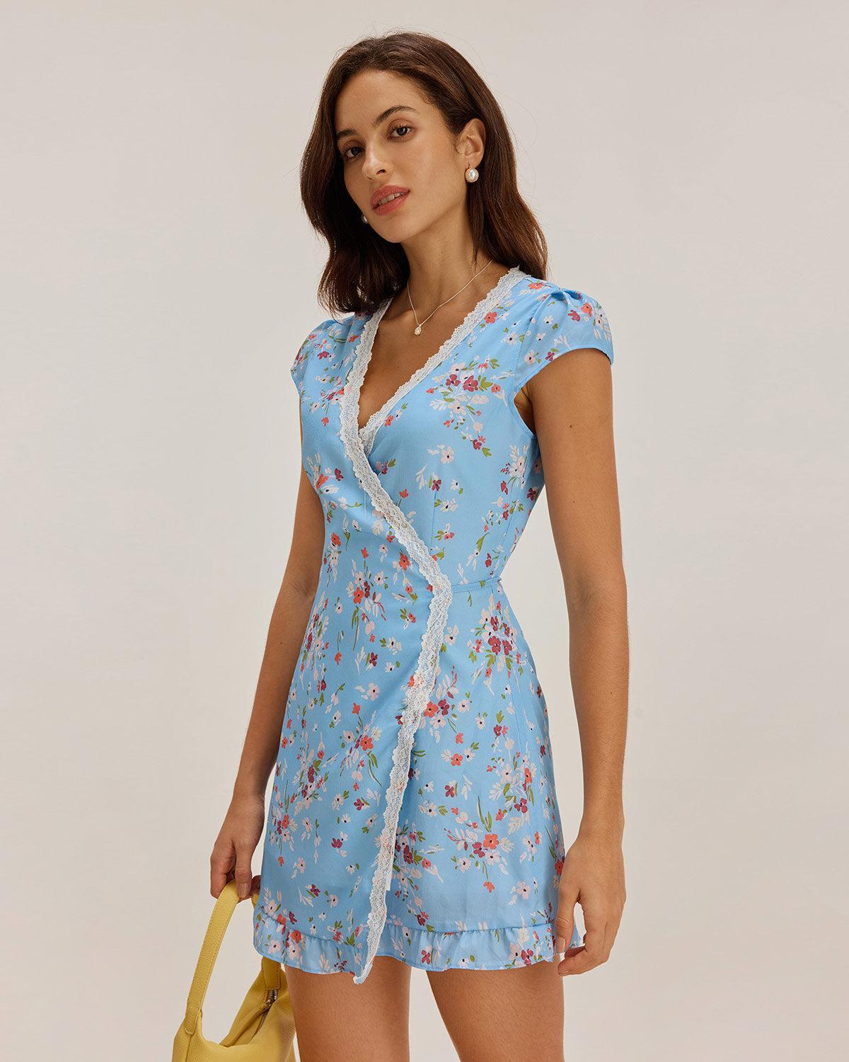 Blue Floral Wrap Mini Dress Product Image