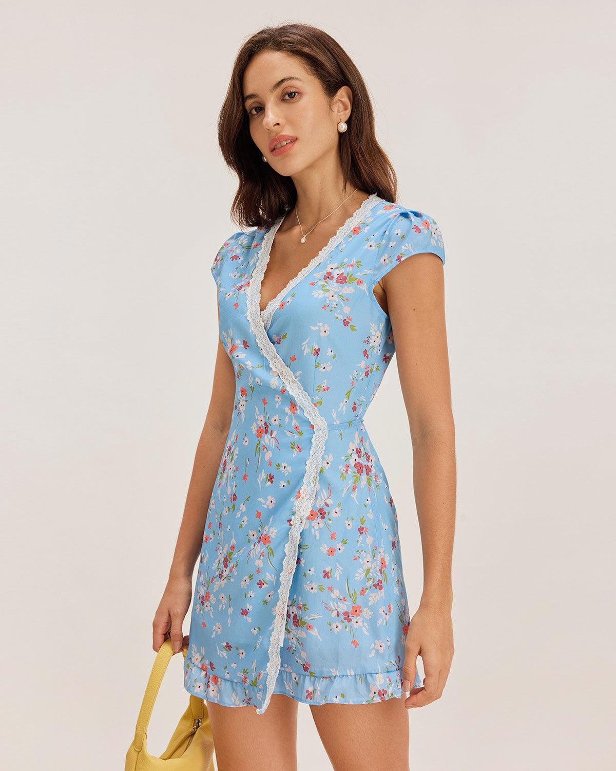 Blue Floral Wrap Mini Dress Product Image