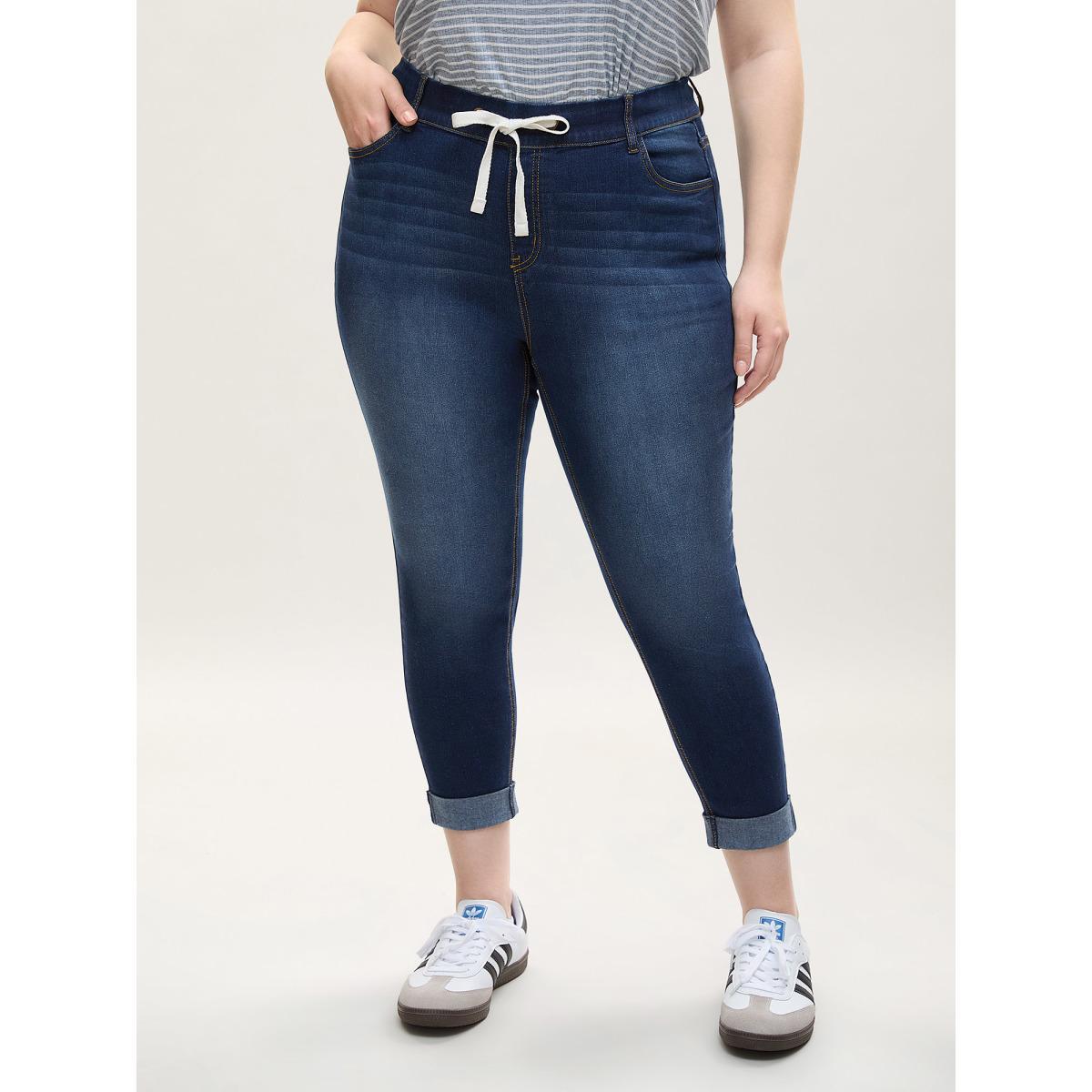 Plus Size Rolled Hem Cropped Skinny-Fit Jeans Women Denimindigo Work From Home Medium stretch Slanted pocket Jeans BloomChic 16/1X Product Image