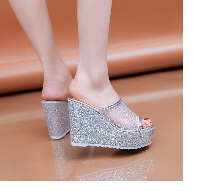 Plain Wedge Glitter Slide Sandals Product Image
