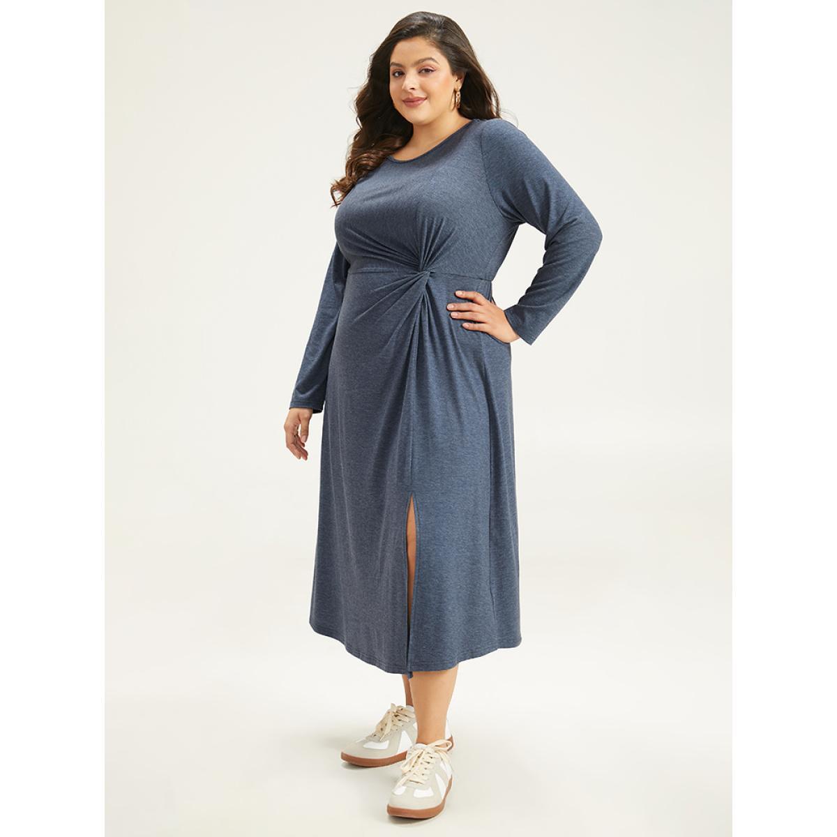 Plus Size Plain Crew Neck Twist Front Split Hem Dress Indigo Women Casual Plain Round Neck Long Sleeve Curvy Midi Dress BloomChic 10/M Product Image