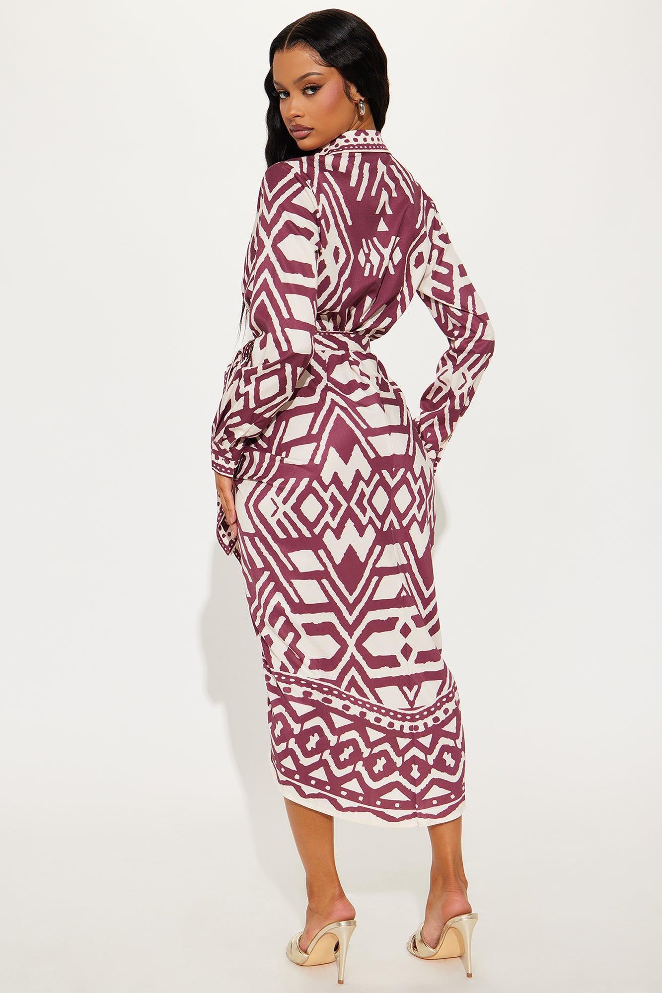 Top Destination Satin Shirt Midi Dress - Burgundy Product Image