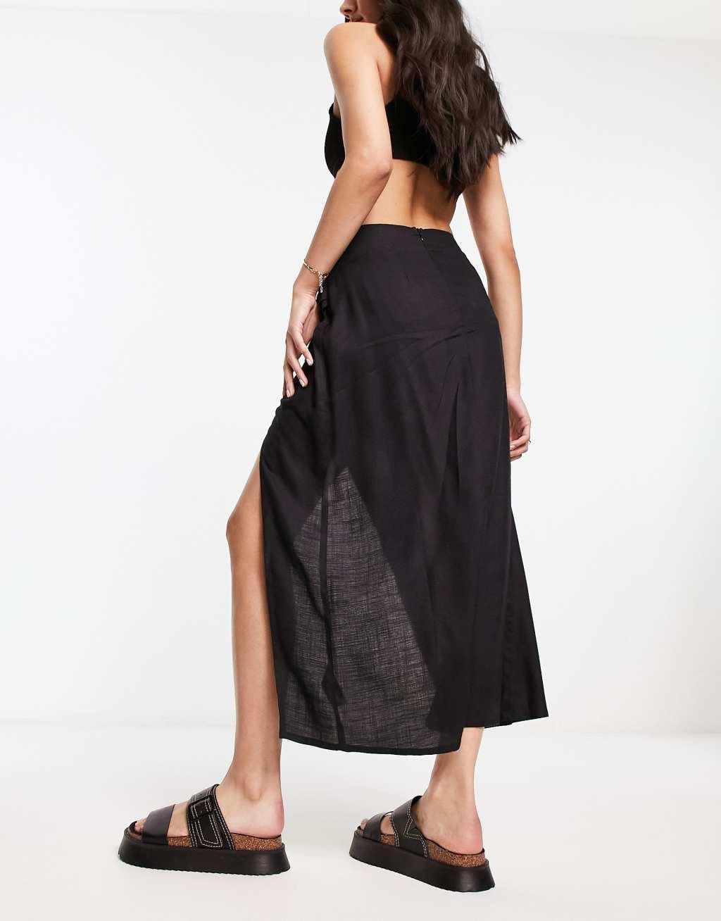 ASOS DESIGN natural slub ruched side midi skirt Product Image