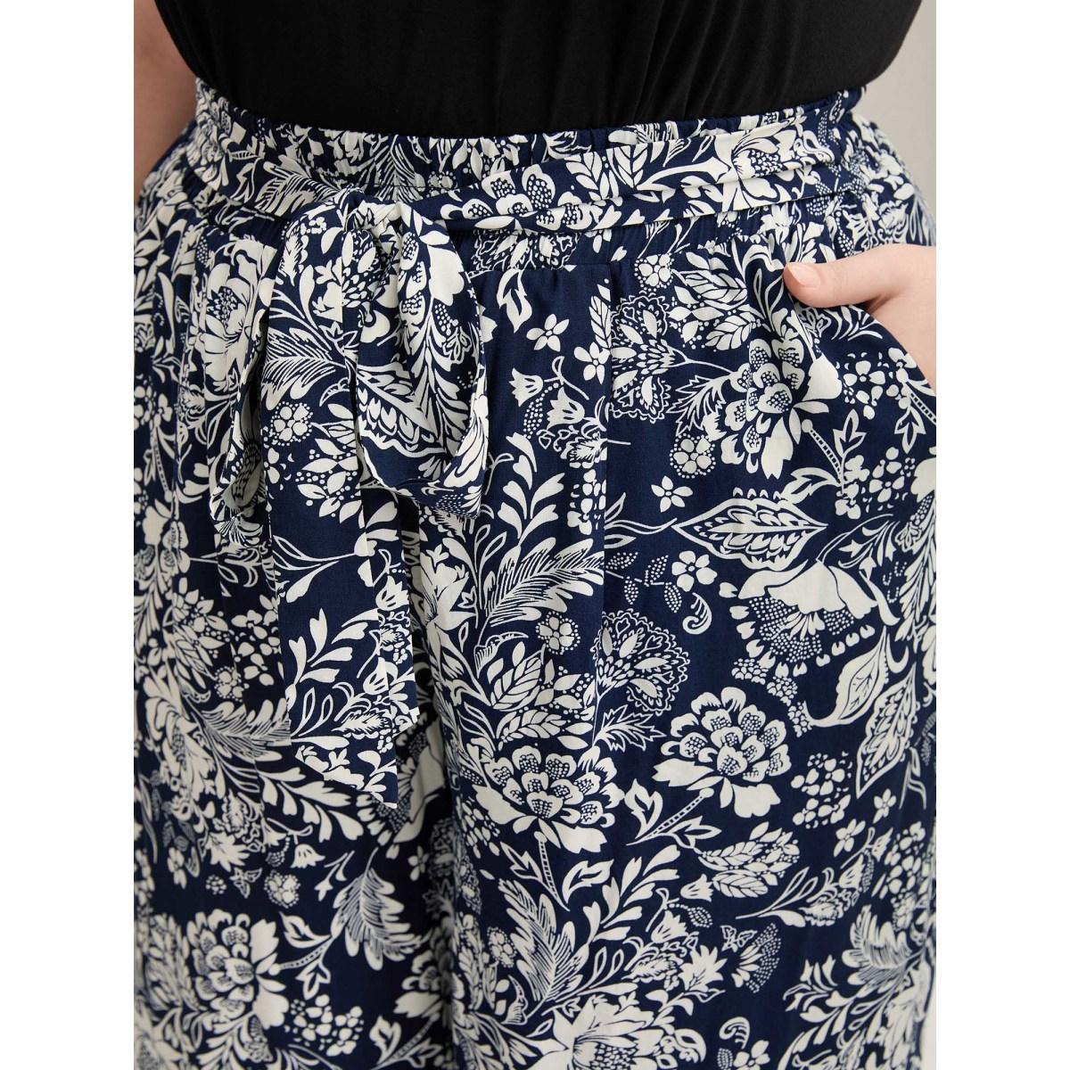 Plus Size Floral Print Waist-Tie Straight-Leg Pants Women Indigo Casual Wide Leg Mid Rise Everyday Pants BloomChic 26/4X Product Image