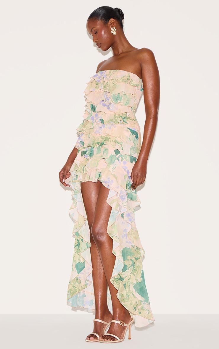 Yellow Printed Ruffled Bandeau Maxi Dress Product Image