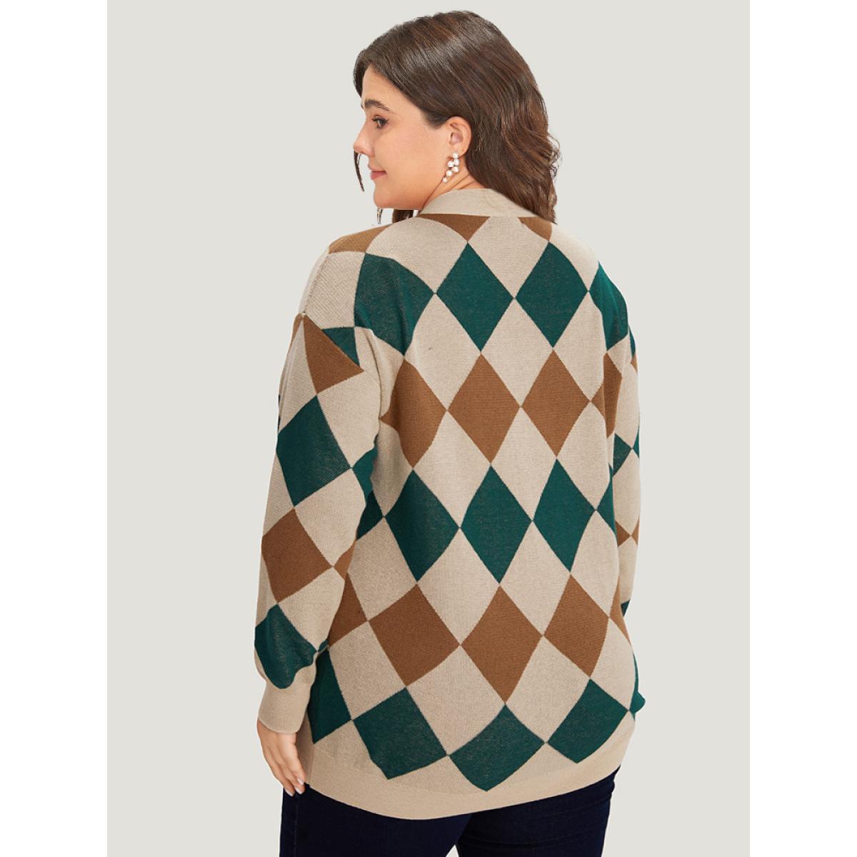 Plus Size Argyle Plaid Contrast Button Up Cardigan Multicolor Women Casual Loose Long Sleeve Dailywear Cardigans BloomChic 30/6X Product Image