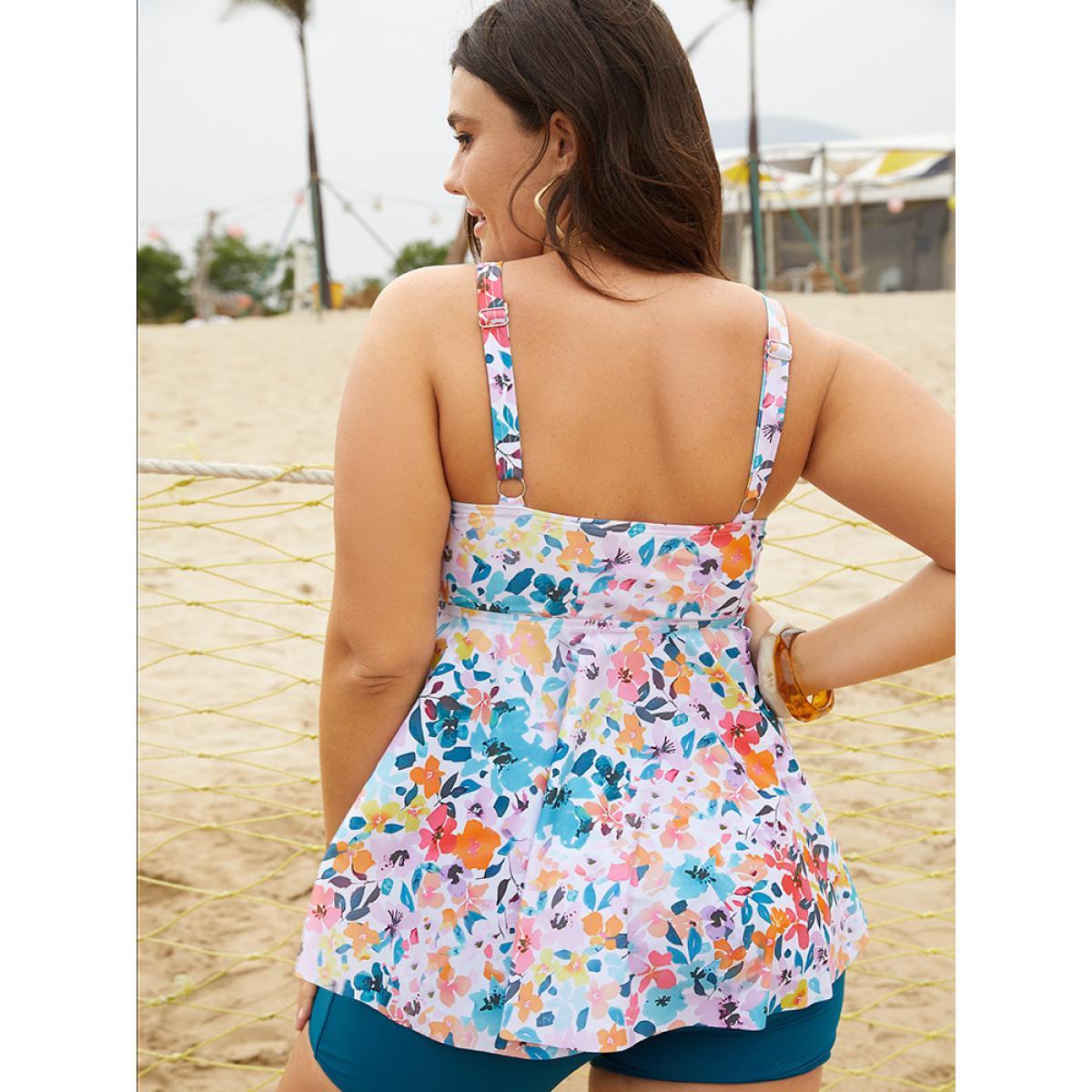 Plus Size Ruched Flutter Tiered A Line Knotted Tankini Top Women's Swimwear Multicolor Vacation Adjustable Straps High stretch Bodycon V-neck Curve Swim Tops BloomChic 18-20/2X Product Image