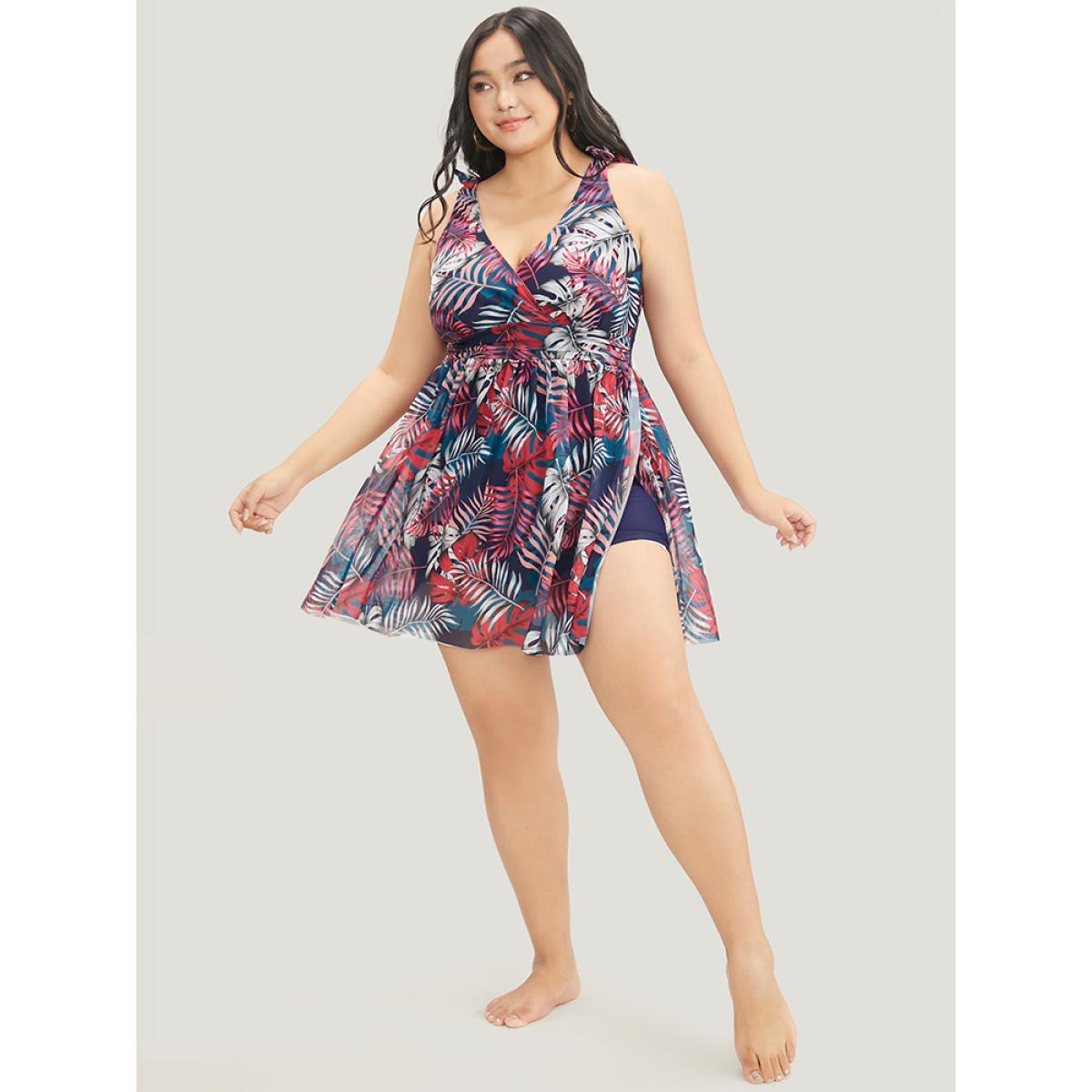 Plus Size Tropical Print Bow Sculpt Waist Split Swim Dress Women's Swimwear Red Vacation Bodycon V-neck High stretch Curve Swim Dresses BloomChic 10/M Product Image