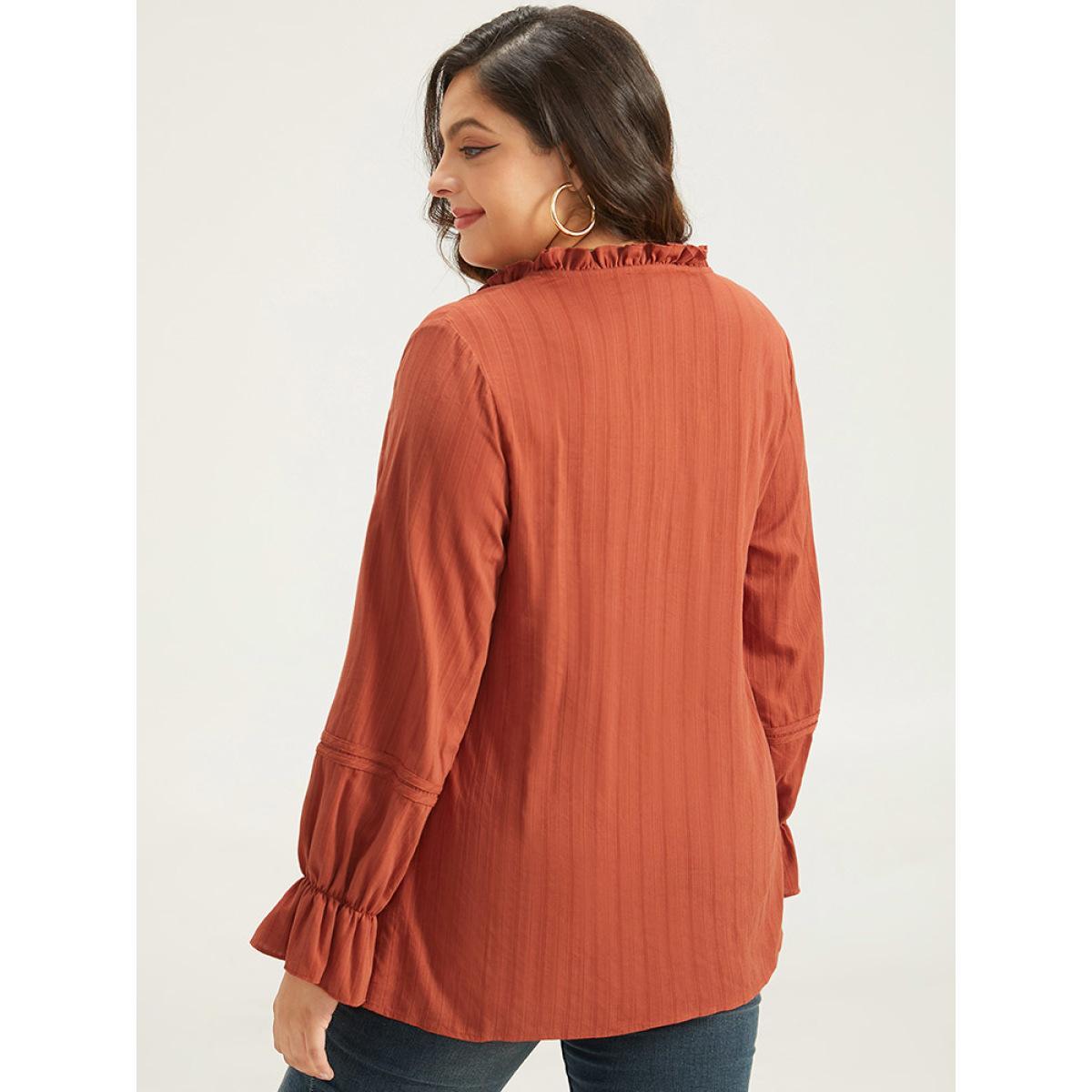 Plus Size OrangeRed Plain Tie Neck Textured Ruffle Trim Blouse Women Elegant Long Sleeve Tie Neck Dailywear Blouses BloomChic 10/M Product Image