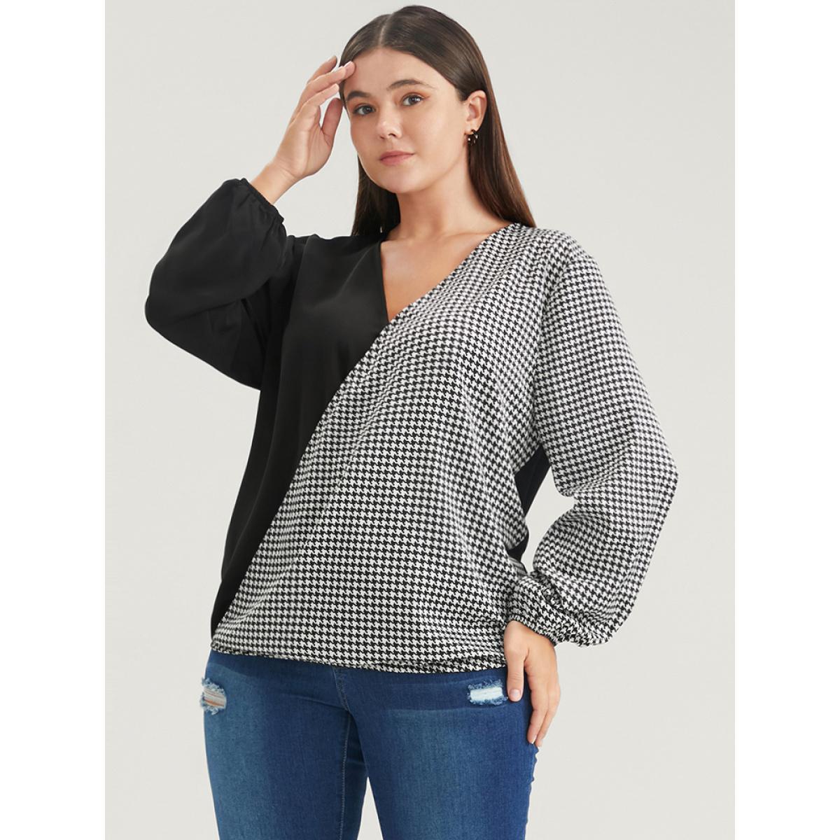 Plus Size Black Houndstooth Patchwork Lantern Sleeve Blouse Women Office Long Sleeve V-neck Work Blouses BloomChic 10/M Product Image