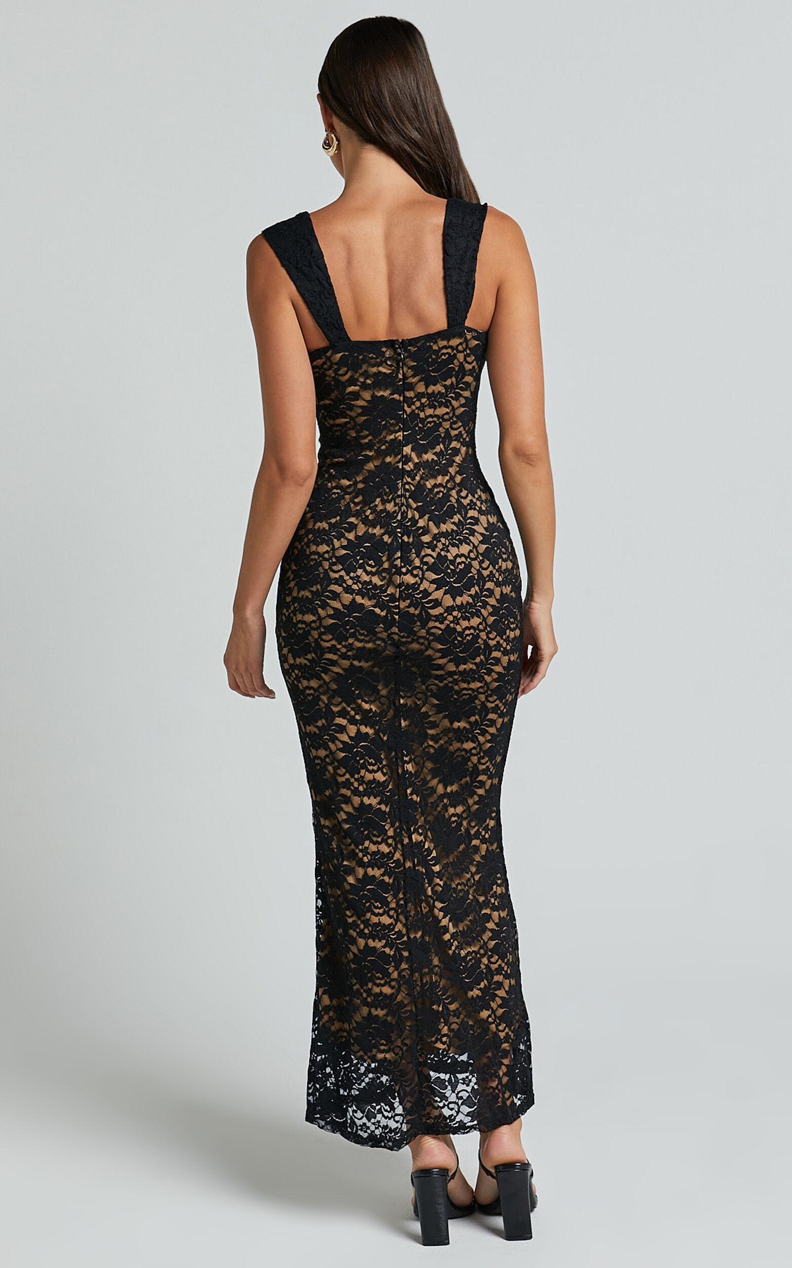Collette Midi Dress - Ruched Bust Wide Strap Detail Lace Midi Dress in Black Product Image