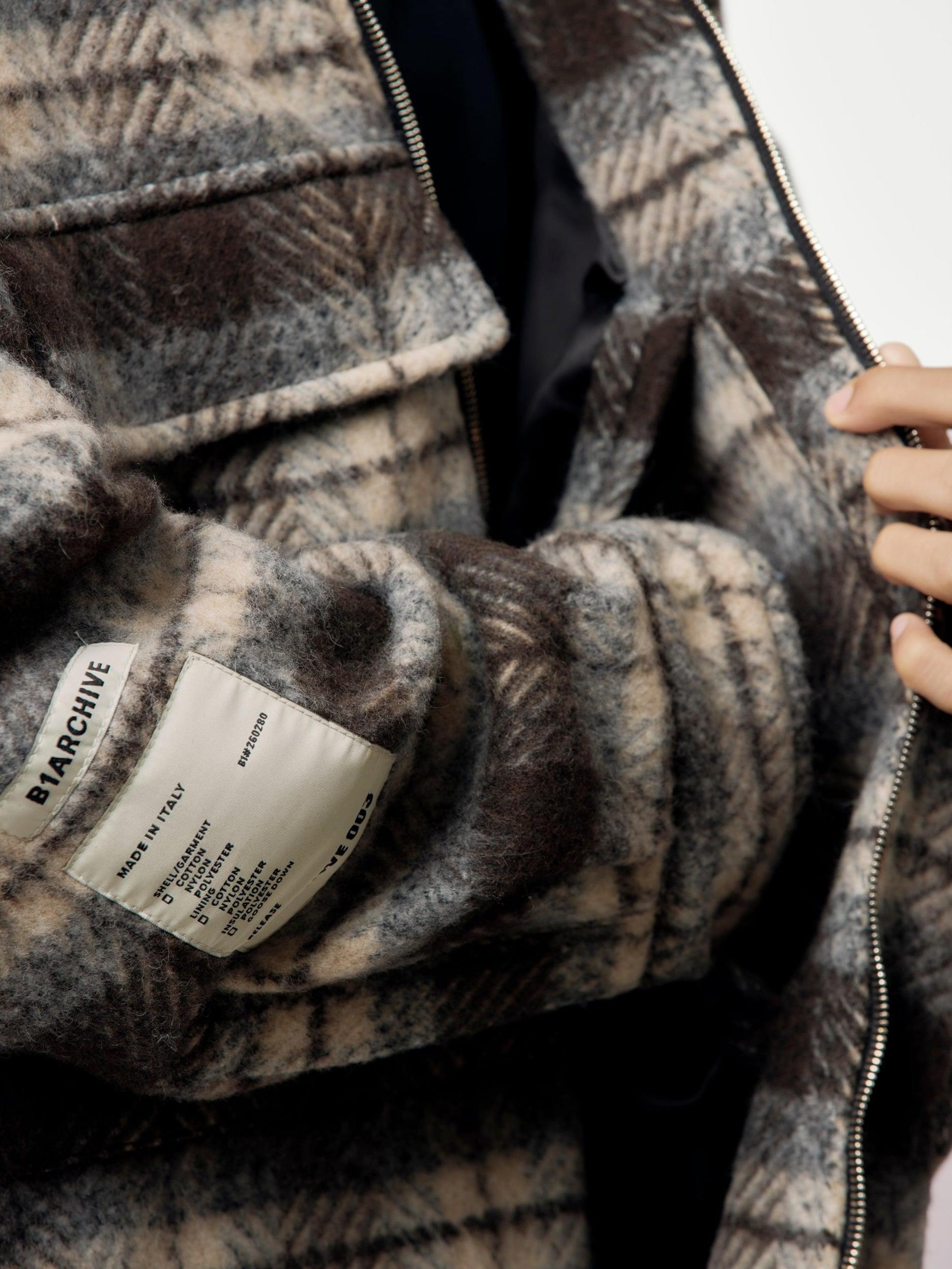 WOOL PLAID QUILTED ZIP UP FLAP POCKET SHIRT (Brown) Product Image