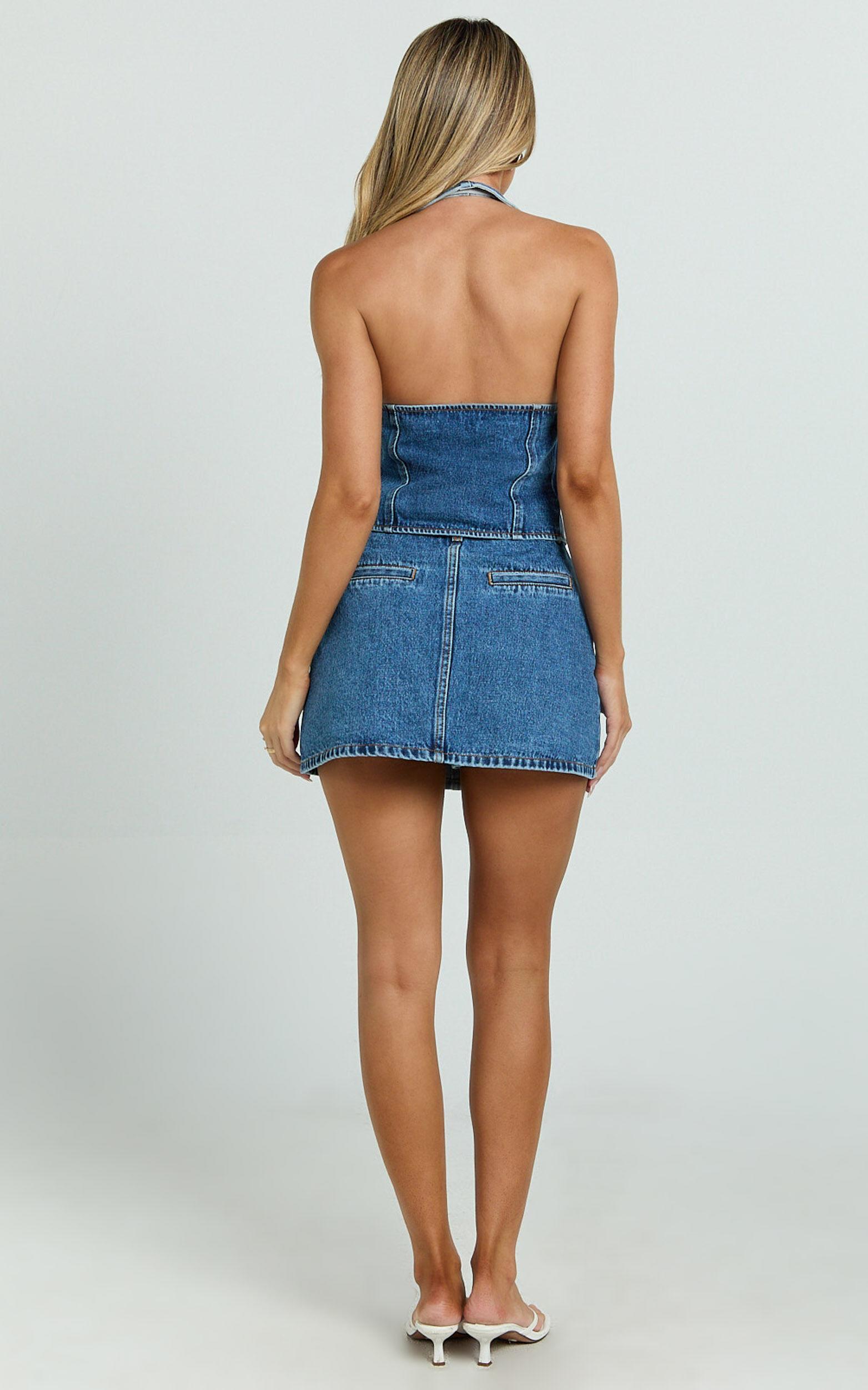 Walton Skort - Mid Waisted Recycled Denim Skort in Dark Blue Wash Product Image
