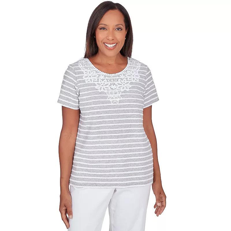 Womens Alfred Dunner Lace Neck Striped Split Hem Tee Grey Gray Product Image