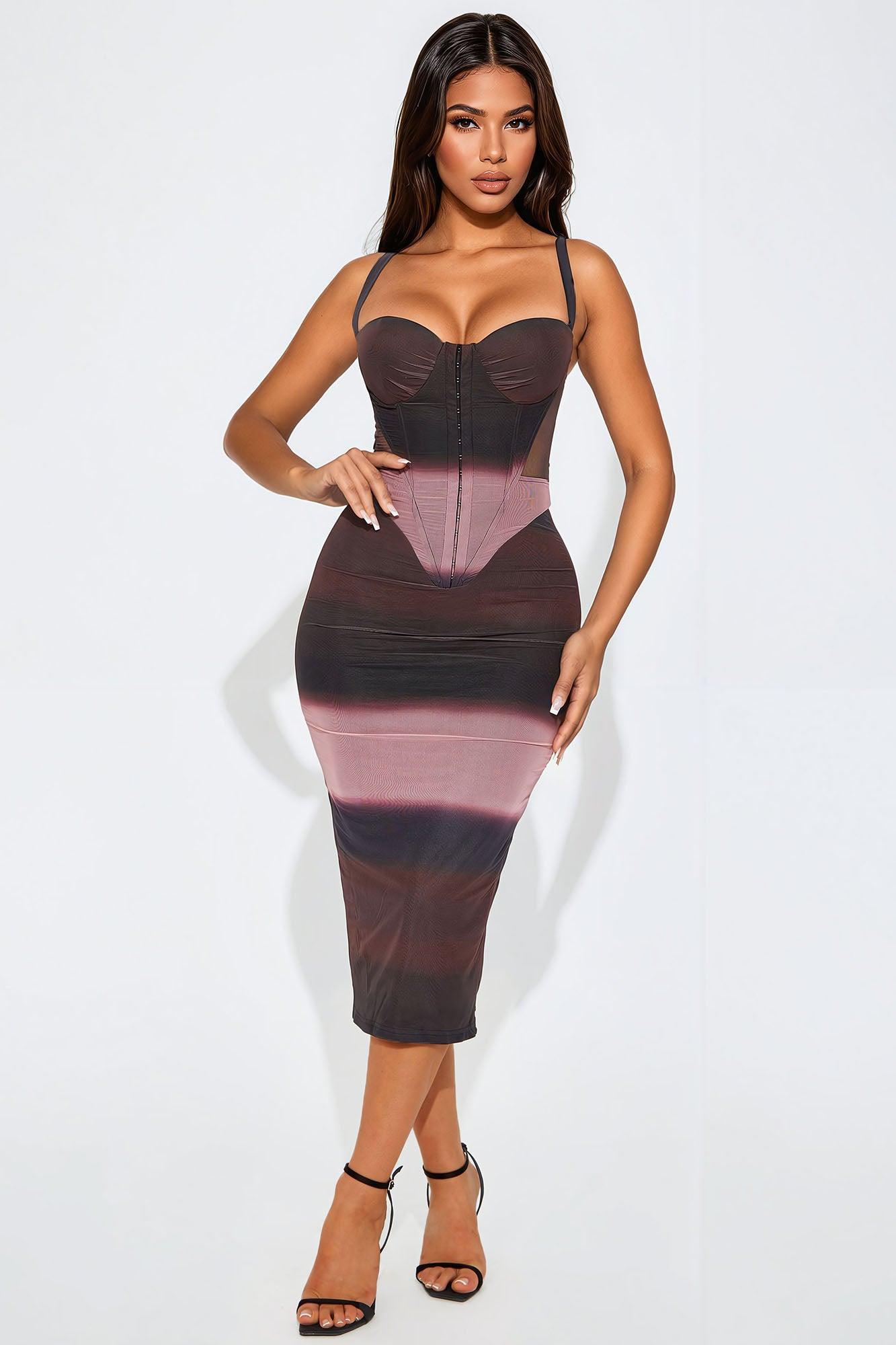Maeve Mesh Corset Midi Dress - Brown/combo Product Image