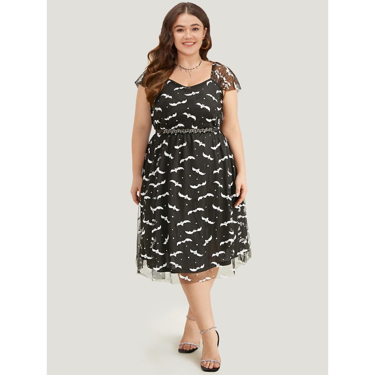 Plus Size Halloween Bat Print Mesh Square Neck Dress Black Women Glamour See through Square Neck Sleeveless Curvy Midi Dress BloomChic 12/L Product Image