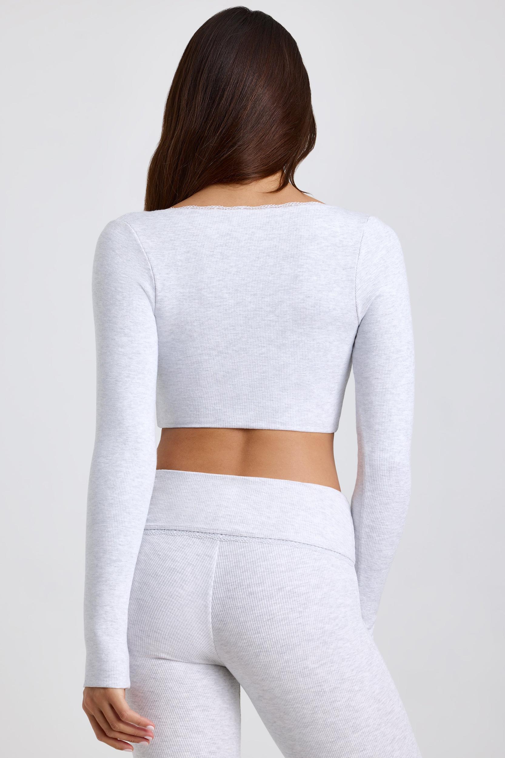 Ribbed Modal Lace-Trim Crop Top in Grey Product Image