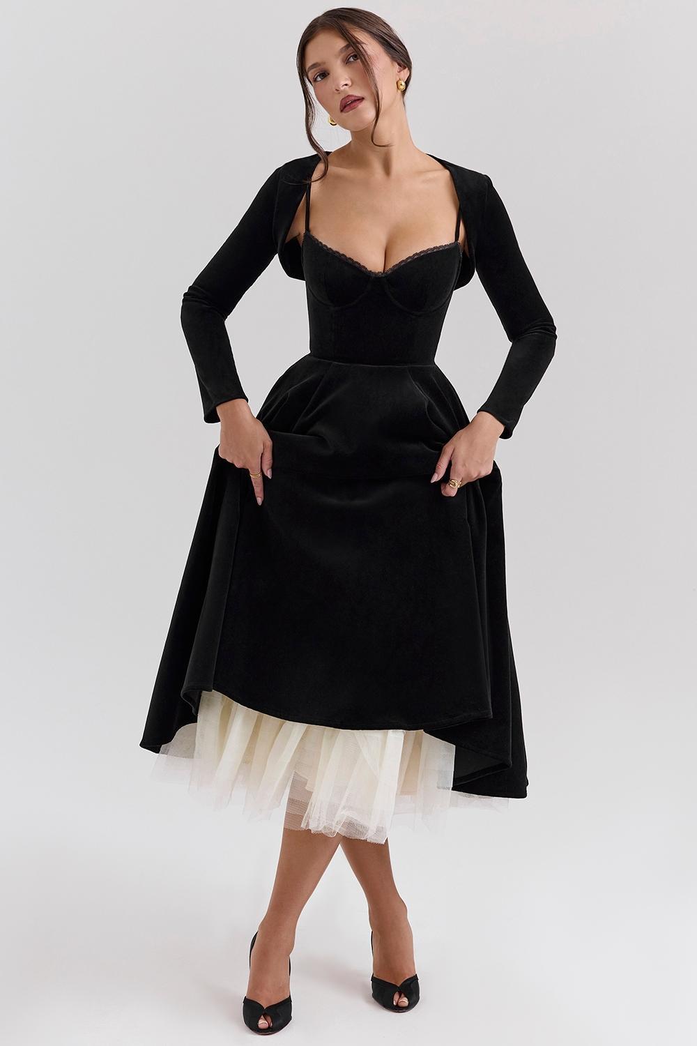 Mademoiselle Black Velvet Tulle Midi Dress + Bolero Product Image