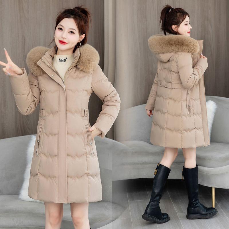 Furry Trim Hooded Zip-Up Long Parka Product Image