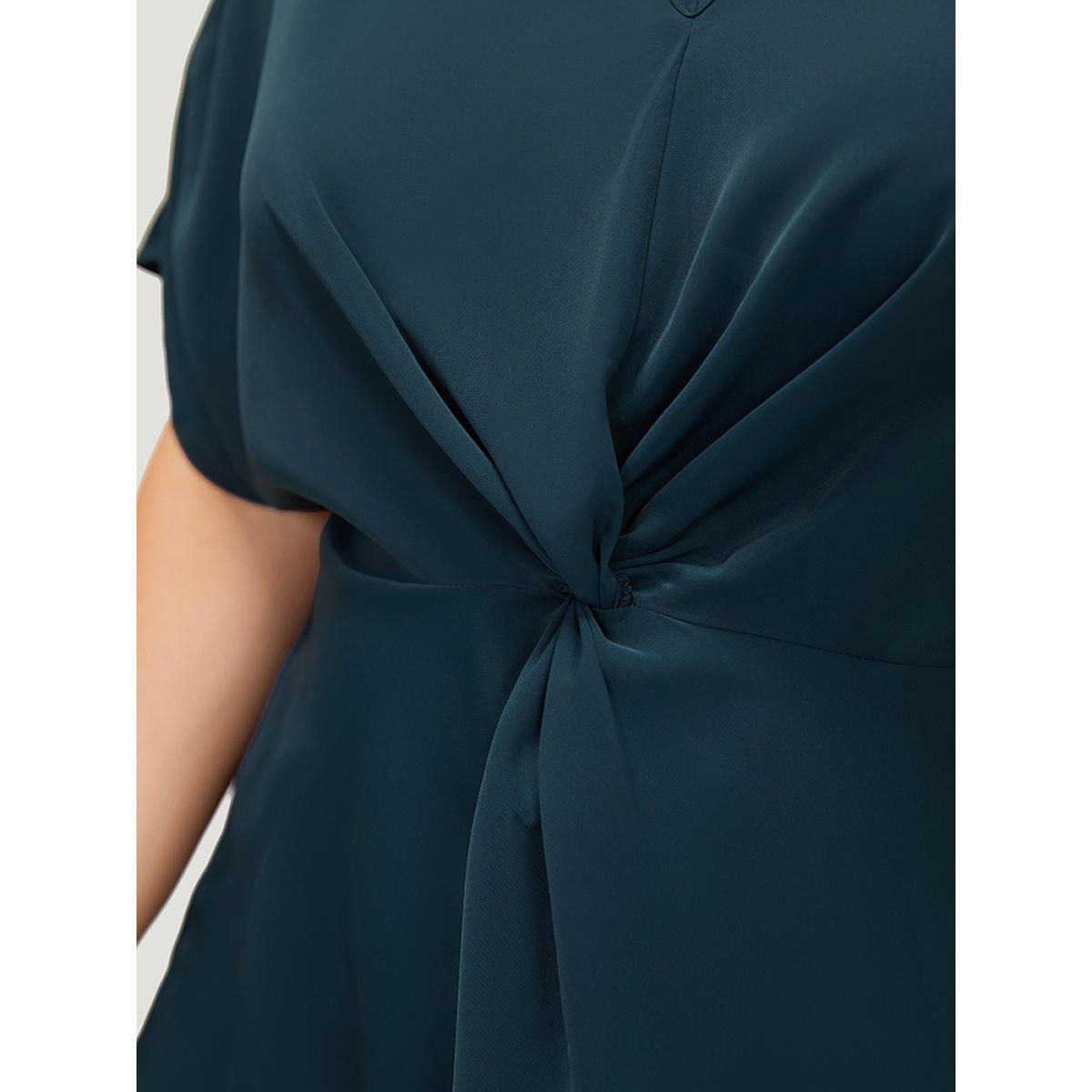 Plus Size Indigo Plain Twist Front Dolman Sleeve Asymmetrical Hem Blouse Women Office Short sleeve V-neck Dailywear Blouses BloomChic 30/6X Product Image