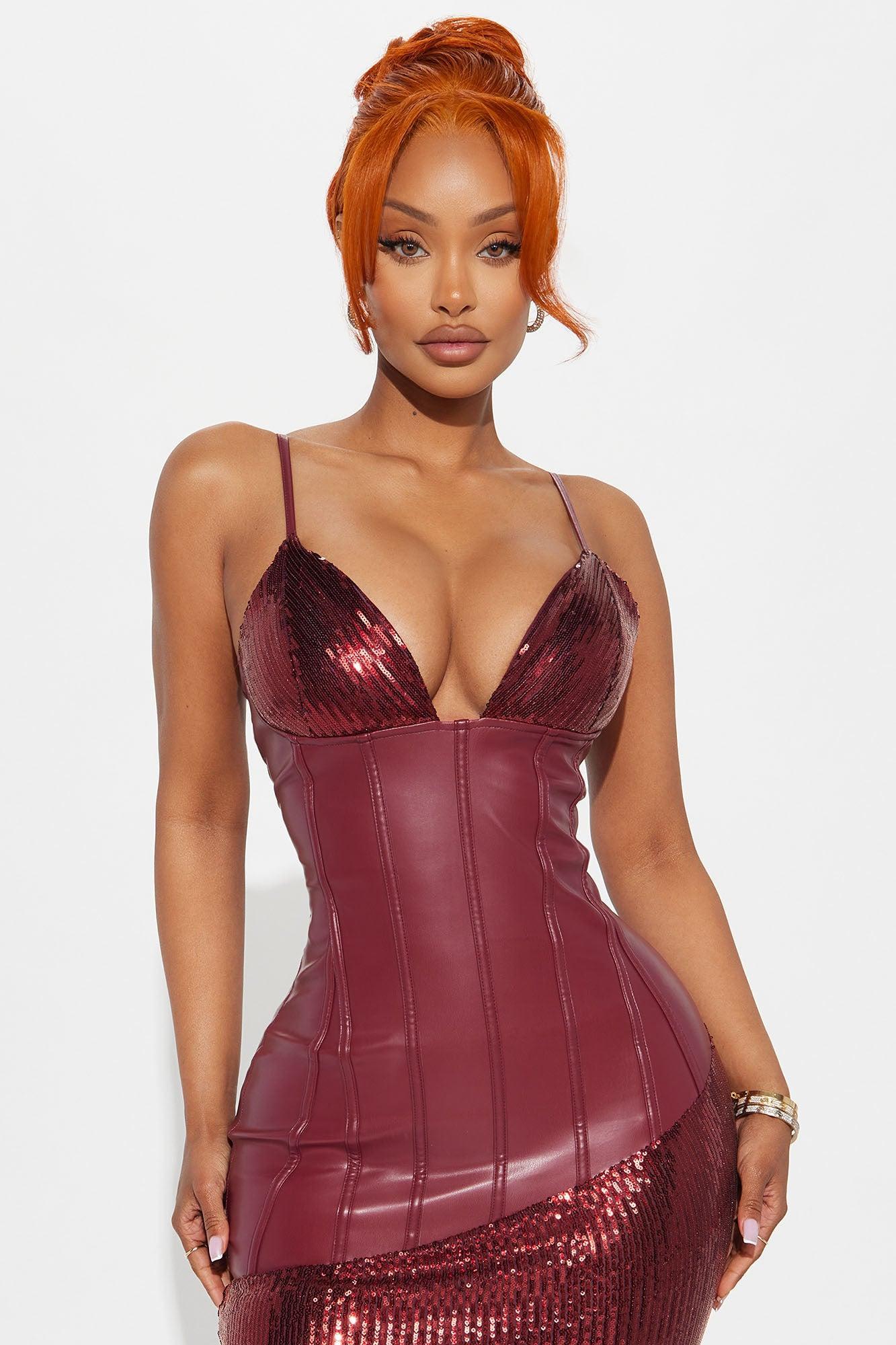 Heather Faux Leather Sequin Maxi Dress - Wine Product Image