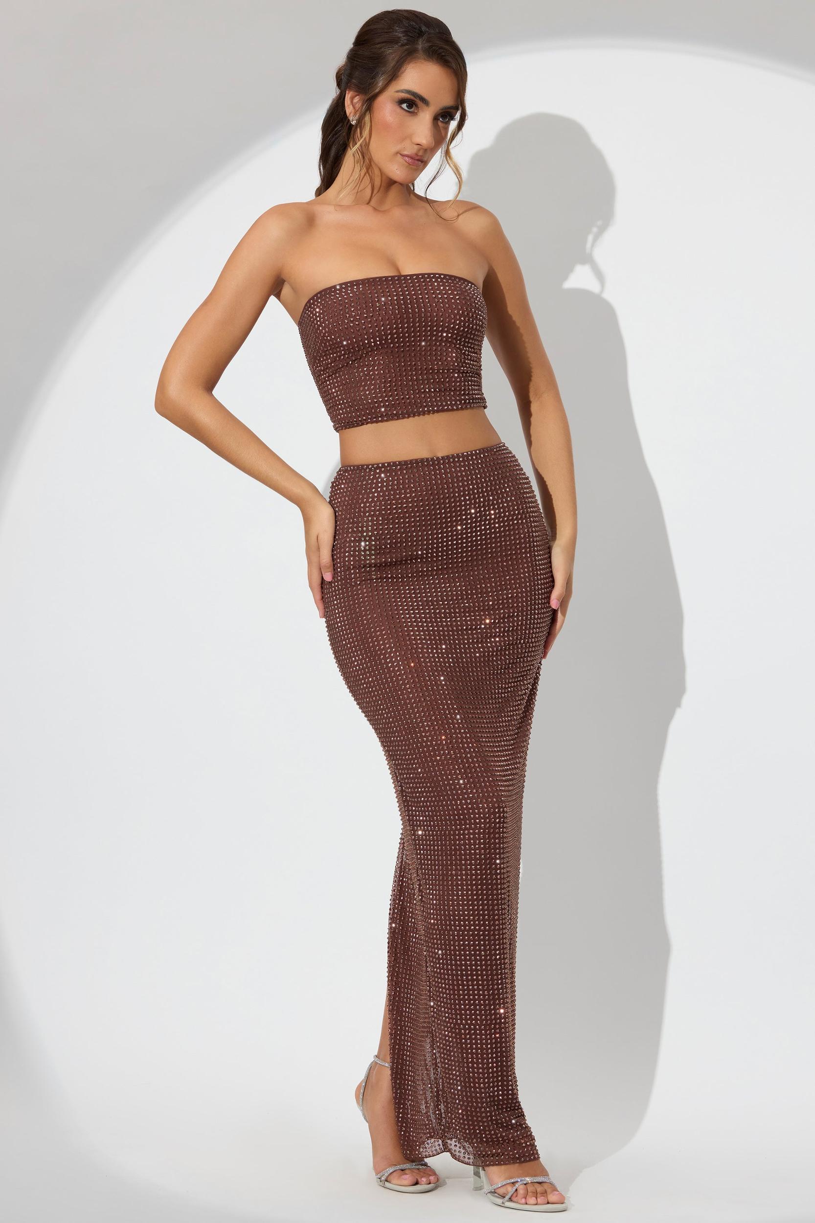 Embellished Mid Rise Maxi Skirt in Espresso Product Image