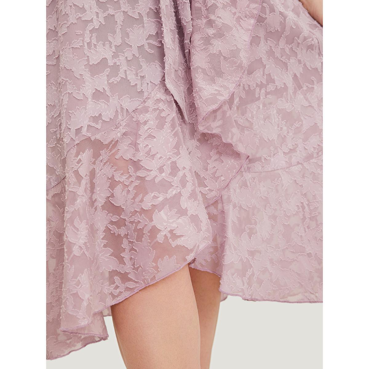 Plus Size Plain Floral Pocket Belted Mesh Ruffle Trim Wrap Midi Dress Lilac Women Glamour Lined V-neck Short sleeve Curvy Midi Dress BloomChic 18-20/2X Product Image