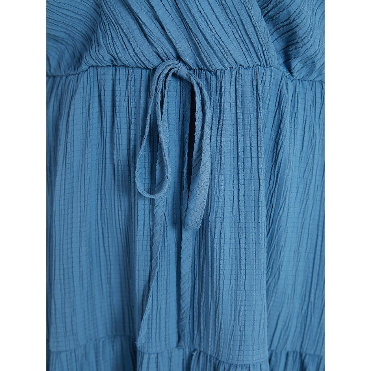 Plus Size Solid Textured Pocket Overlap Collar Flutter Trim Dress Stone Women Elegant Texture V-neck Half Sleeve Curvy Midi Dress BloomChic 12/L Product Image