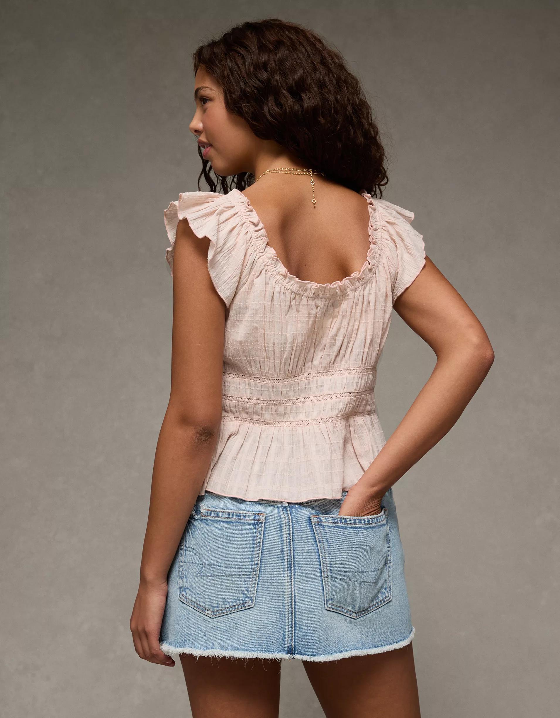 AE Ruched Flutter Sleeve Blouse Product Image