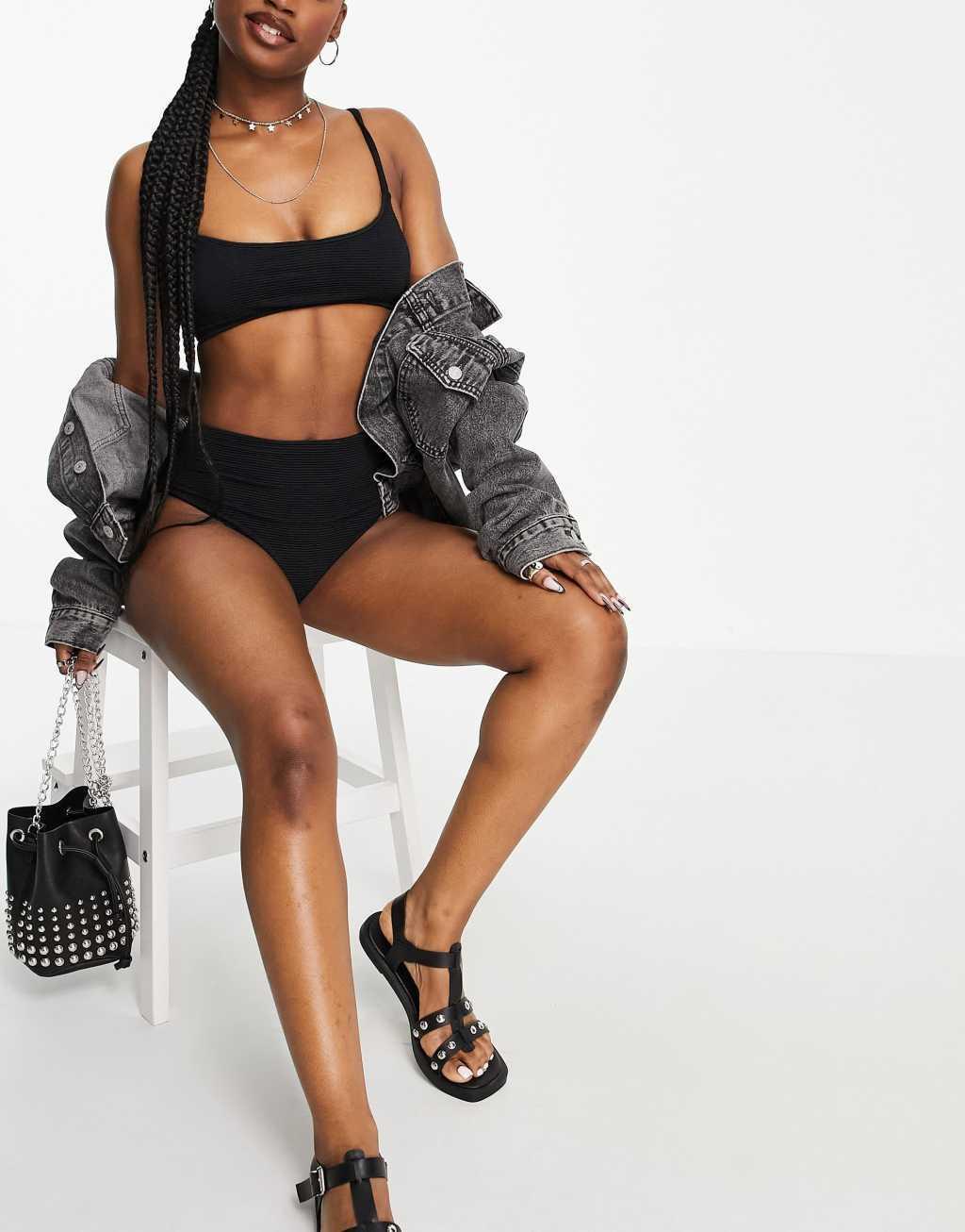 Topshop crinkle cami bikini top in black  Product Image