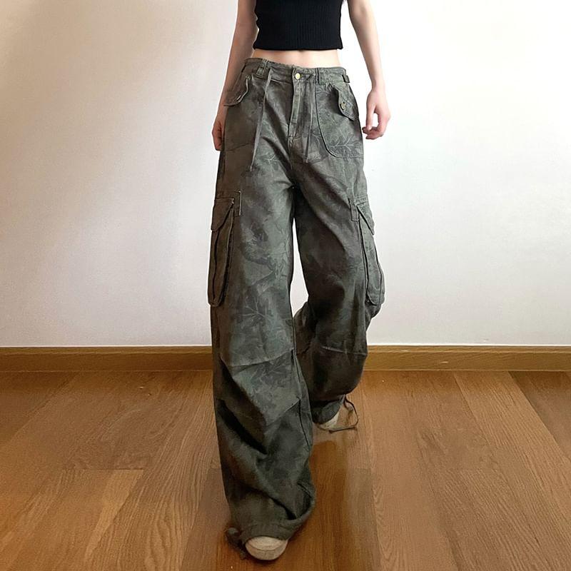 High Rise Camouflage Print Wide Leg Cargo Pants Product Image