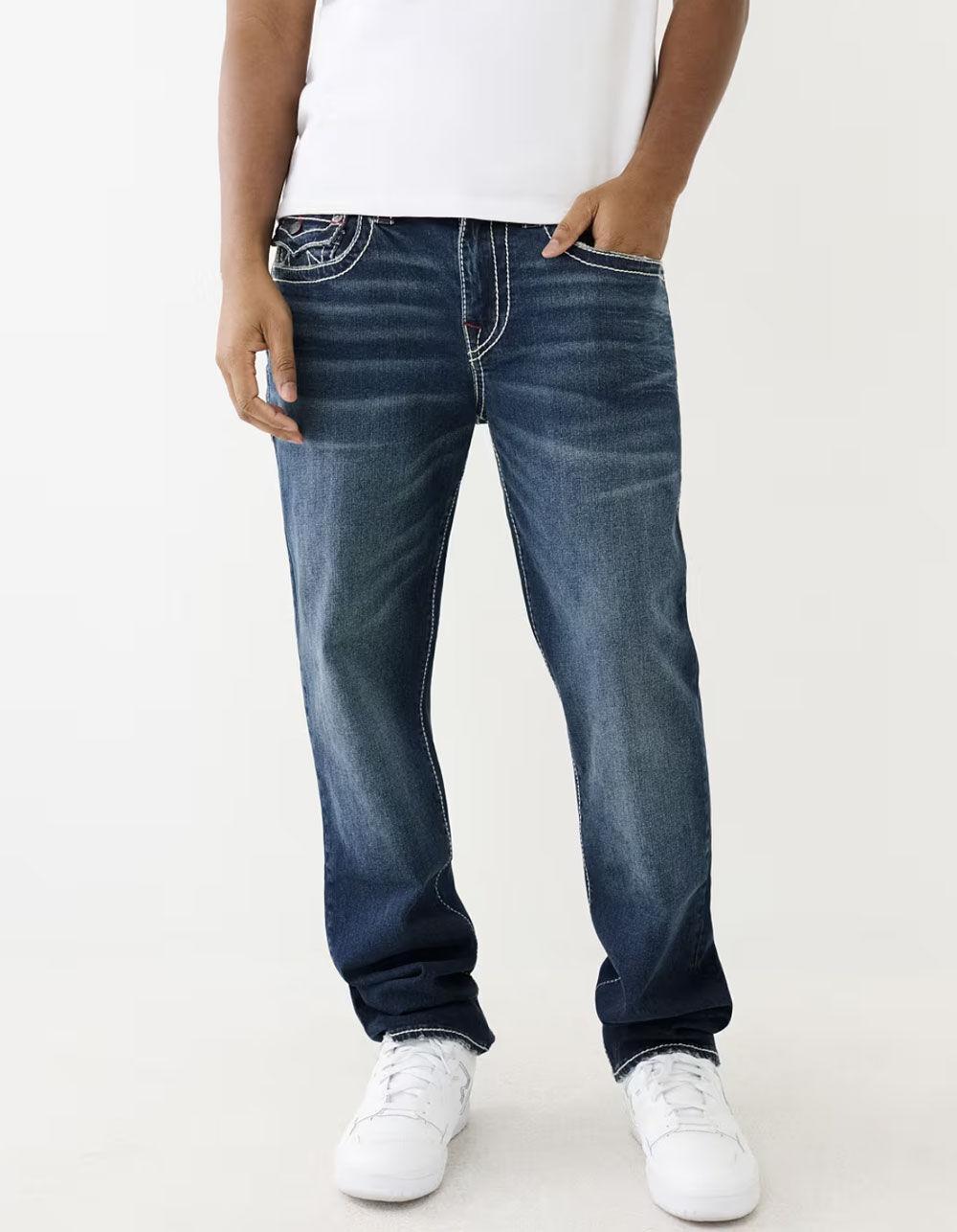 TRUE RELIGION Ricky Big T Flap Mens Relaxed Straight Jeans - MEDIUM INDIGO Product Image
