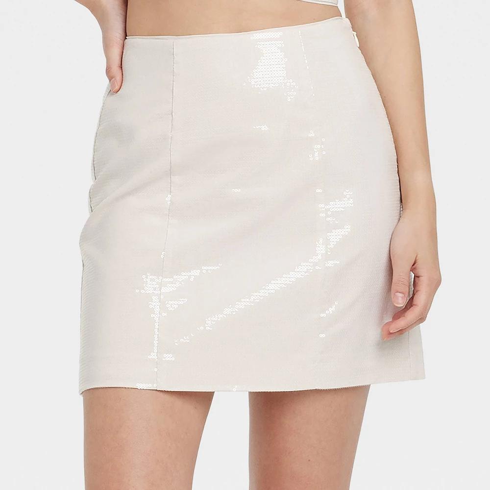 Womens Sequin Mini A-Line Skirt - A New Day Cream 0: Recycled Polyester, Rayon, Spandex, Midweight, Back Zipper, Machine Washable Product Image
