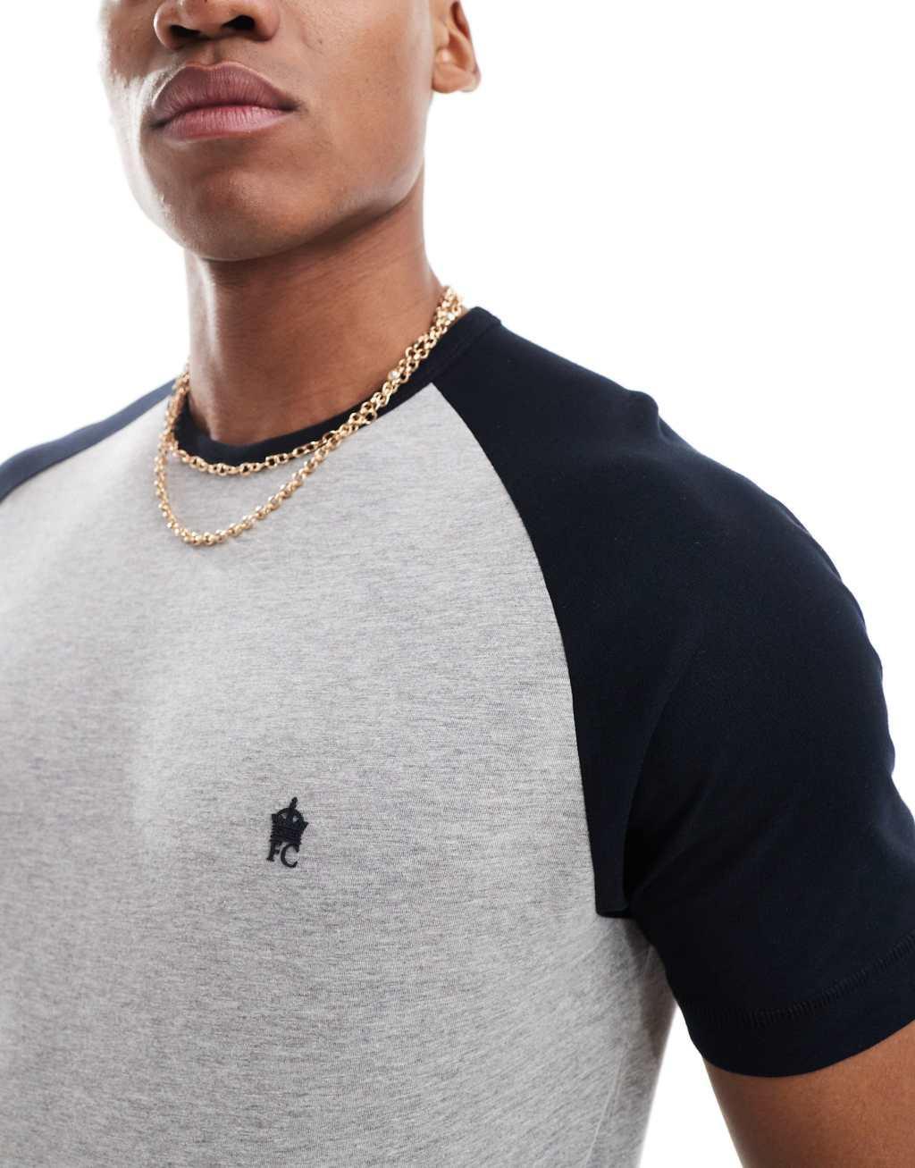French Connection raglan t-shirt in light gray melange & navy Product Image