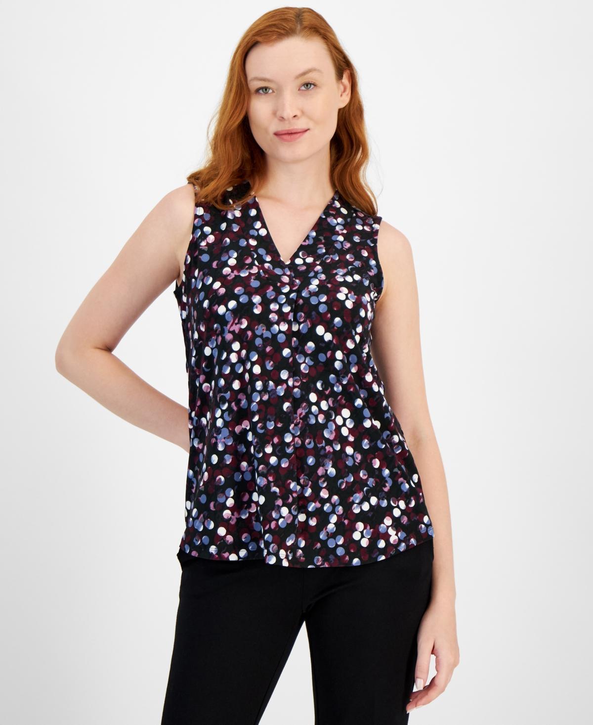 Anne Klein Womens Printed Sleeveless V-Neck Shell Top - Anne Black Product Image