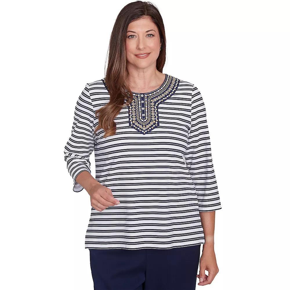 Women's Alfred Dunner Striped Top with Embroidered Neckline, Size: Small, Blue Team Product Image