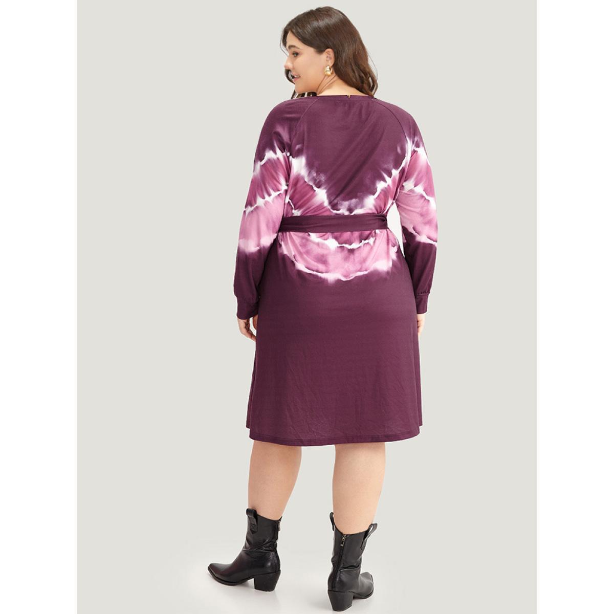 Plus Size Tie Dye Pocket Round Neck Belted Raglan Sleeve Dress Multicolor Women Casual Belted Round Neck Long Sleeve Curvy Knee Dress BloomChic 26/4X Product Image