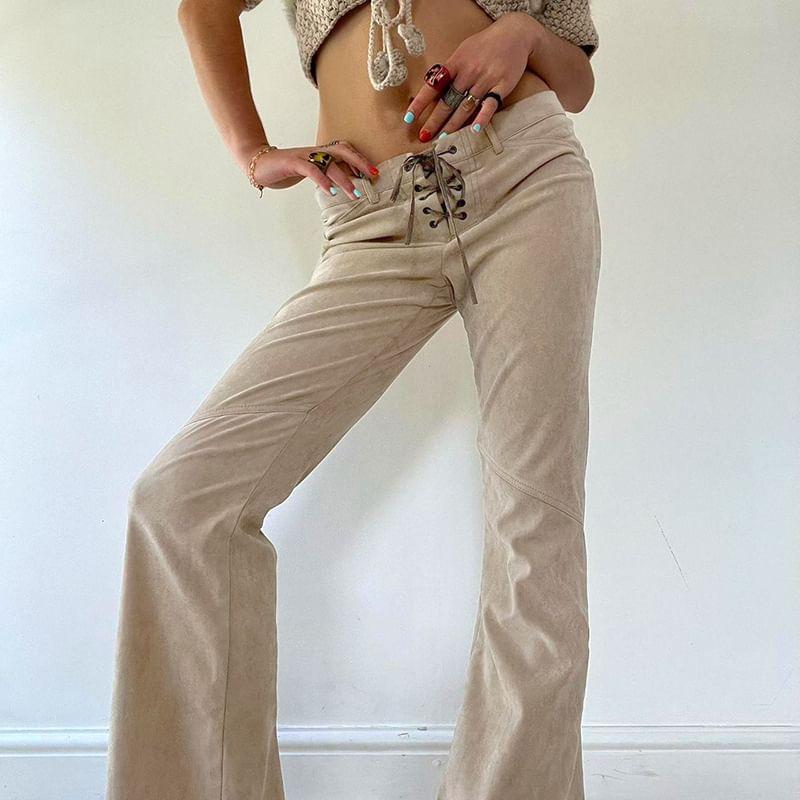 Low Waist Plain Suede Slim-Fit Boot-Cut Pants Product Image