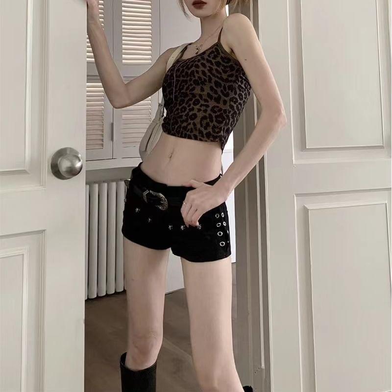 Low Rise Plain Grommet Studded Denim Hot Pants Product Image
