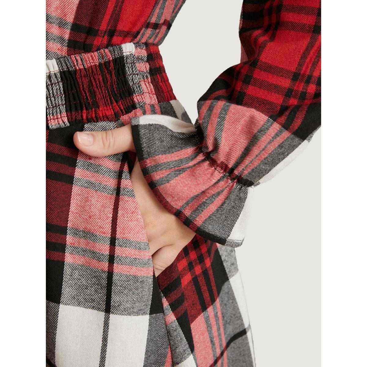 Plus Size Plaid Shirred Pocket Lantern Sleeve Wrap Midi Dress Without Belt Scarlet Women Elegant Wrap Overlap Collar Long Sleeve Curvy Midi Dress BloomChic 10/M Product Image