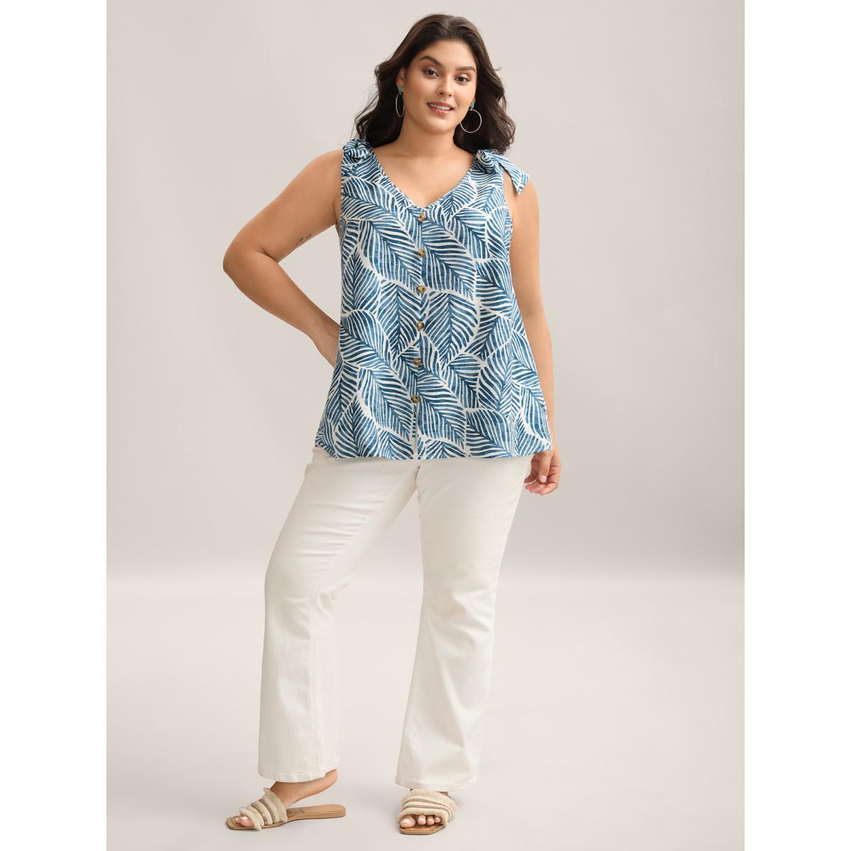 Plus Size Bow Shoulder Leaf Print Button Tank Top Women Mediumblue Tie knot V-neck Vacation Tank Tops Camis BloomChic 30/6X Product Image