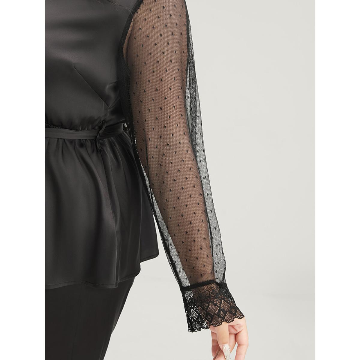 Plus Size Solid Mesh Lace Wrap Belted Pajama Set Women Black Plain Cross straps Long Sleeve V-neck Elegant Loungewear Sets BloomChic 18-20/2X Product Image