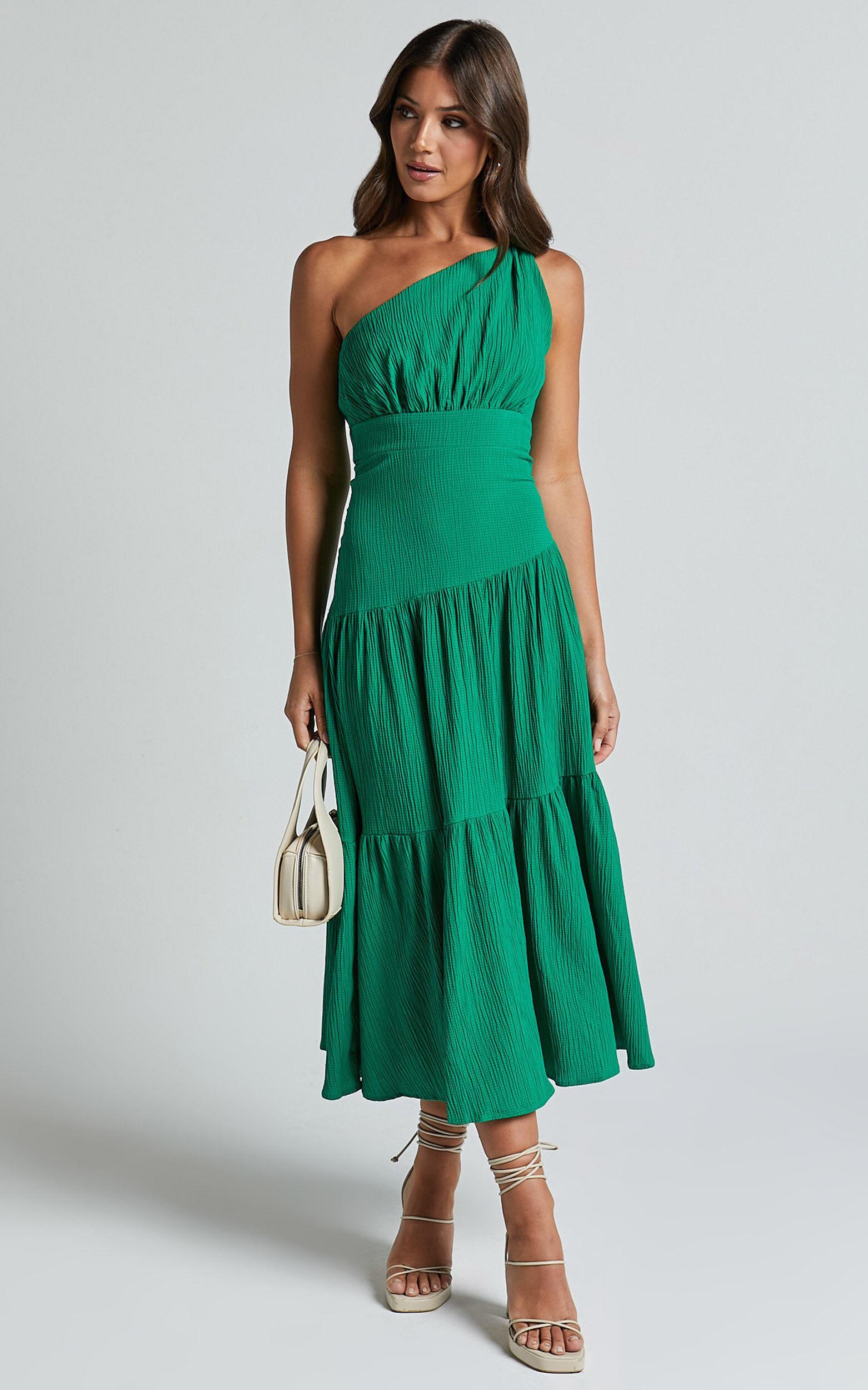 Celestia Midi Dress - Tiered One Shoulder Dress in Green Product Image