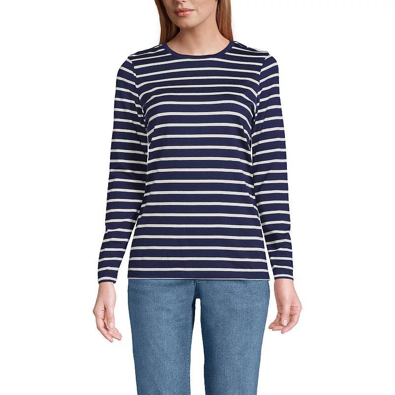 Petite Lands End Relaxed-Fit Supima Long Sleeve Cotton Crewneck Tee, Womens Ivory Green Stripe Product Image