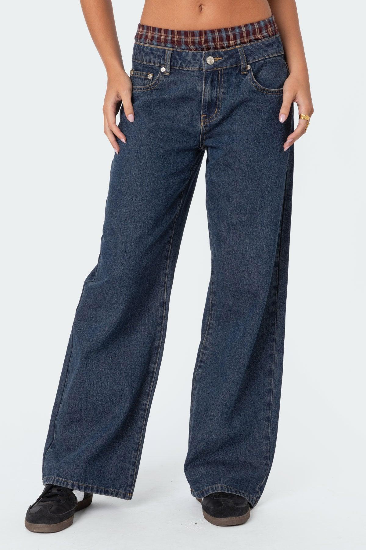 Plaid Boxer Detail Relaxed Jeans Product Image