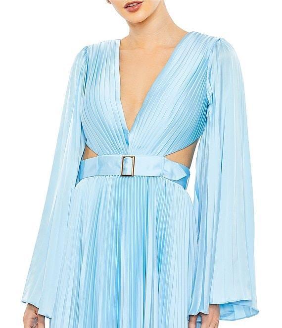 Mac Duggal Pleated V-Neck Long Bell Sleeve Side Cut-Out Gown Product Image