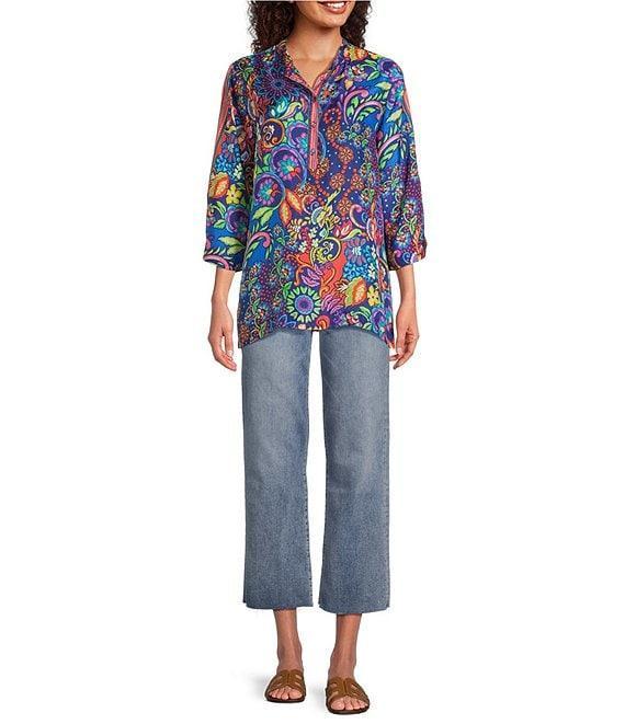 JOHNNY WAS Yuri Mod Floral Print Silk Banded Collar 3/4 Sleeve Five-Button Half-Placket Tunic Product Image