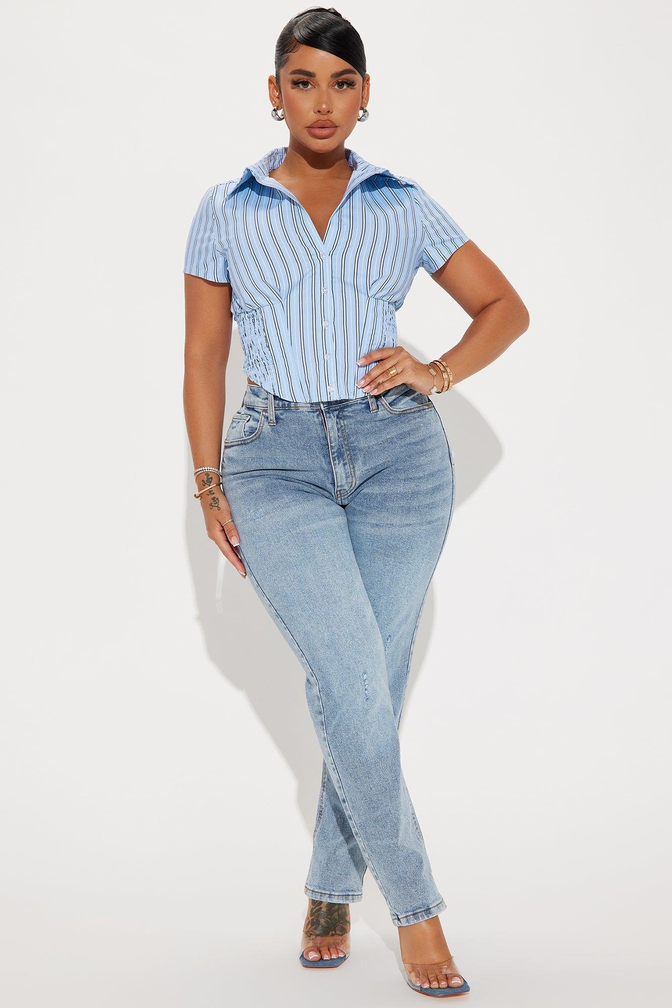 Endless Talks Short Sleeve Striped Corset Top - White/Blue Product Image