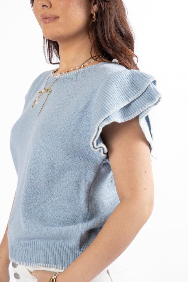 Everywhere and Back Light Blue Flutter Sleeve Stitched Detail Sweater SALE Product Image