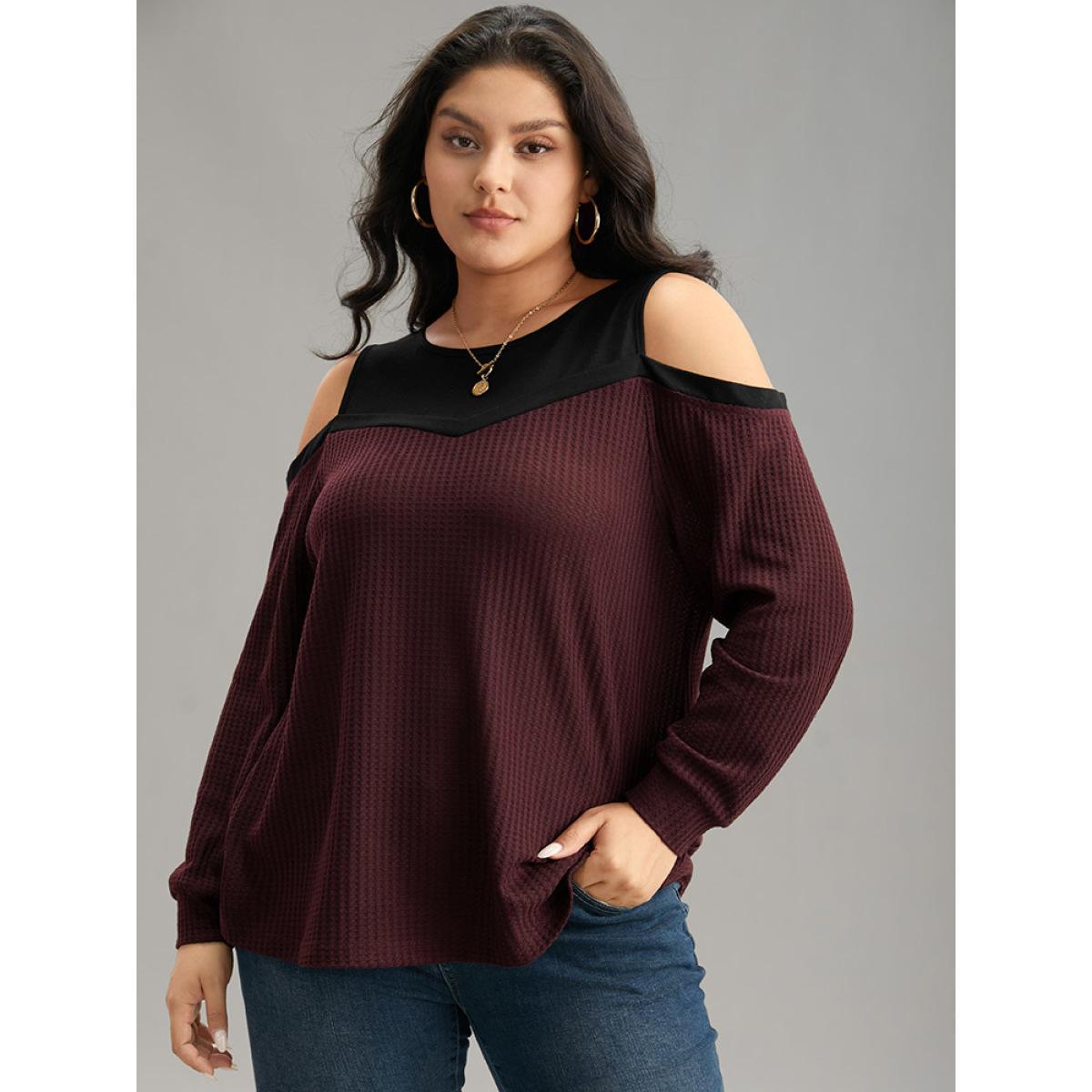 Plus Size Cold Shoulder Patchwork Contrast Waffle Knit T-shirt Burgundy Women Casual Waffle Knit Plain Cold Shoulder Dailywear T-shirts BloomChic 12/L Product Image